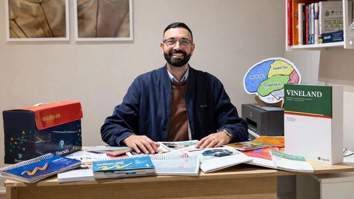 Danilo Damata, psicólogo e neuropsicólogo, em seu consultório